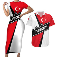 Turkey Flag and Modern Graphic Design Couples Matching Short Sleeve Bodycon Dress and Hawaiian Shirt with Bold Red and Black Elements