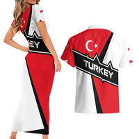 Turkey Flag and Modern Graphic Design Couples Matching Short Sleeve Bodycon Dress and Hawaiian Shirt with Bold Red and Black Elements