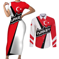 Turkey Flag and Modern Graphic Design Couples Matching Short Sleeve Bodycon Dress and Long Sleeve Button Shirt with Bold Red and Black Elements