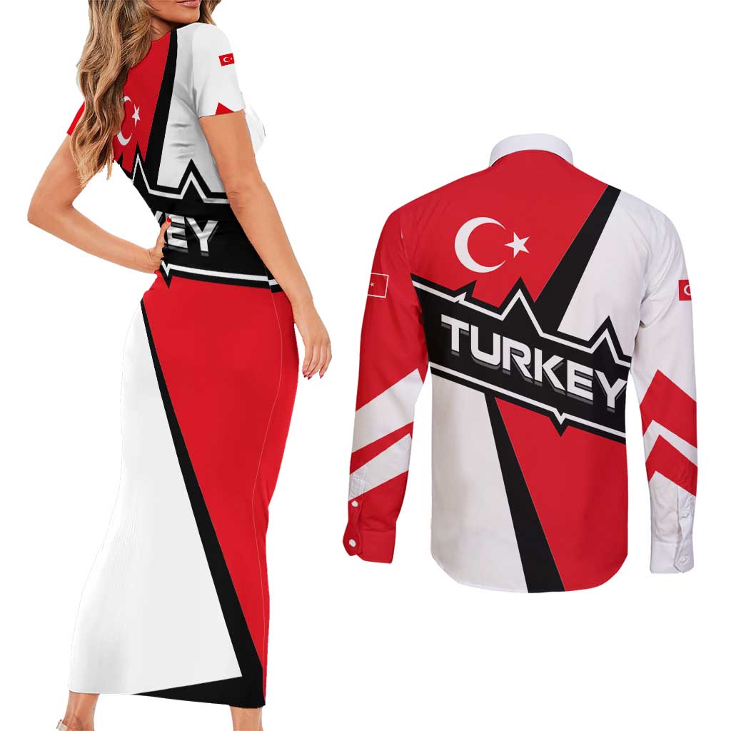 Turkey Flag and Modern Graphic Design Couples Matching Short Sleeve Bodycon Dress and Long Sleeve Button Shirt with Bold Red and Black Elements
