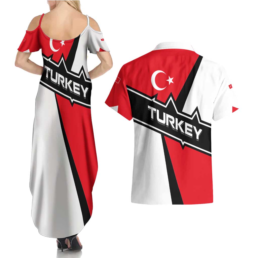 Turkey Flag and Modern Graphic Design Couples Matching Summer Maxi Dress and Hawaiian Shirt with Bold Red and Black Elements