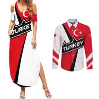 Turkey Flag and Modern Graphic Design Couples Matching Summer Maxi Dress and Long Sleeve Button Shirt with Bold Red and Black Elements
