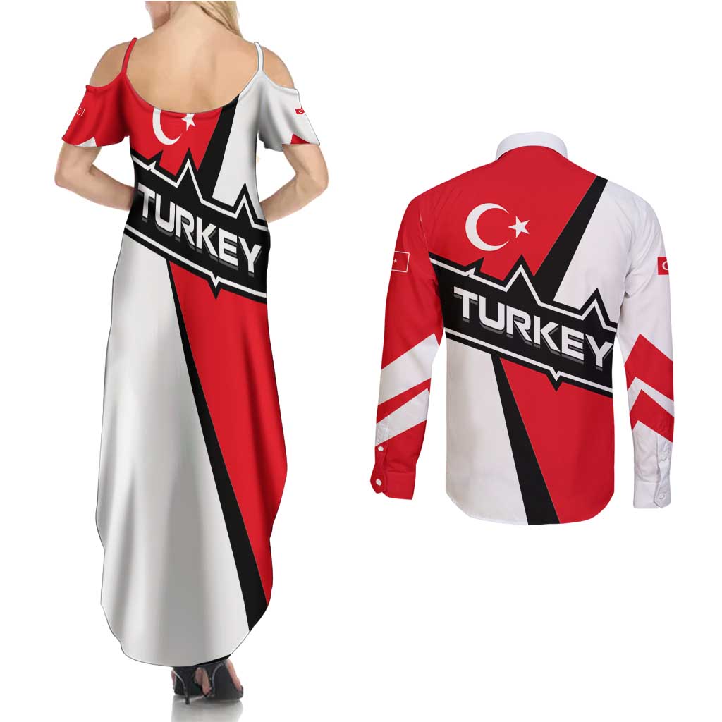 Turkey Flag and Modern Graphic Design Couples Matching Summer Maxi Dress and Long Sleeve Button Shirt with Bold Red and Black Elements