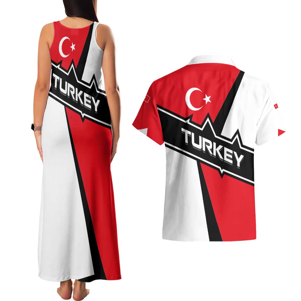 Turkey Flag and Modern Graphic Design Couples Matching Tank Maxi Dress and Hawaiian Shirt with Bold Red and Black Elements