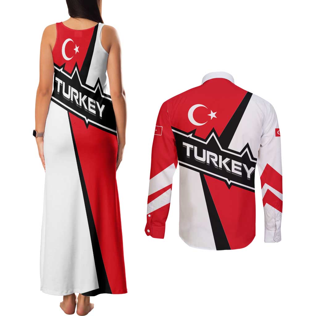 Turkey Flag and Modern Graphic Design Couples Matching Tank Maxi Dress and Long Sleeve Button Shirt with Bold Red and Black Elements