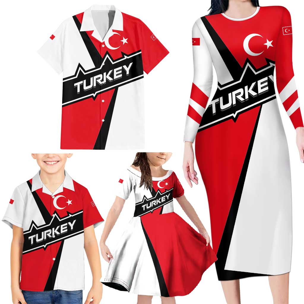 Turkey Flag and Modern Graphic Design Family Matching Long Sleeve Bodycon Dress and Hawaiian Shirt with Bold Red and Black Elements