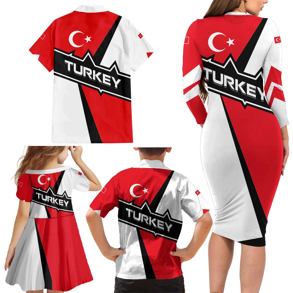 Turkey Flag and Modern Graphic Design Family Matching Long Sleeve Bodycon Dress and Hawaiian Shirt with Bold Red and Black Elements