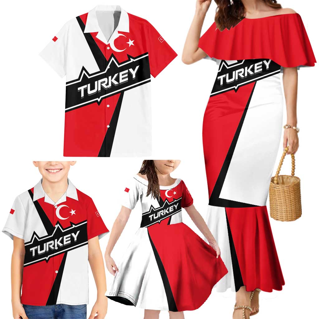 Turkey Flag and Modern Graphic Design Family Matching Mermaid Dress and Hawaiian Shirt with Bold Red and Black Elements