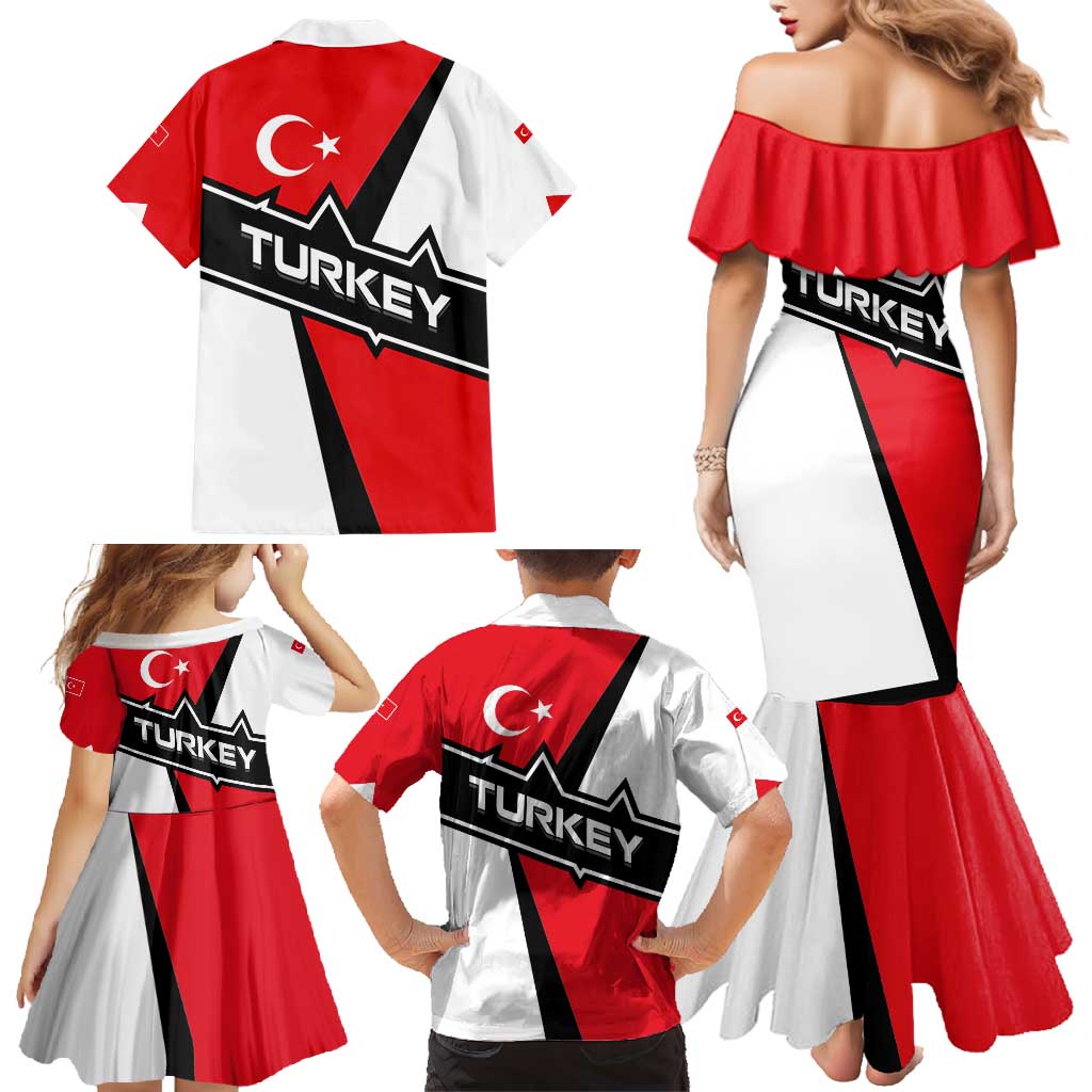 Turkey Flag and Modern Graphic Design Family Matching Mermaid Dress and Hawaiian Shirt with Bold Red and Black Elements