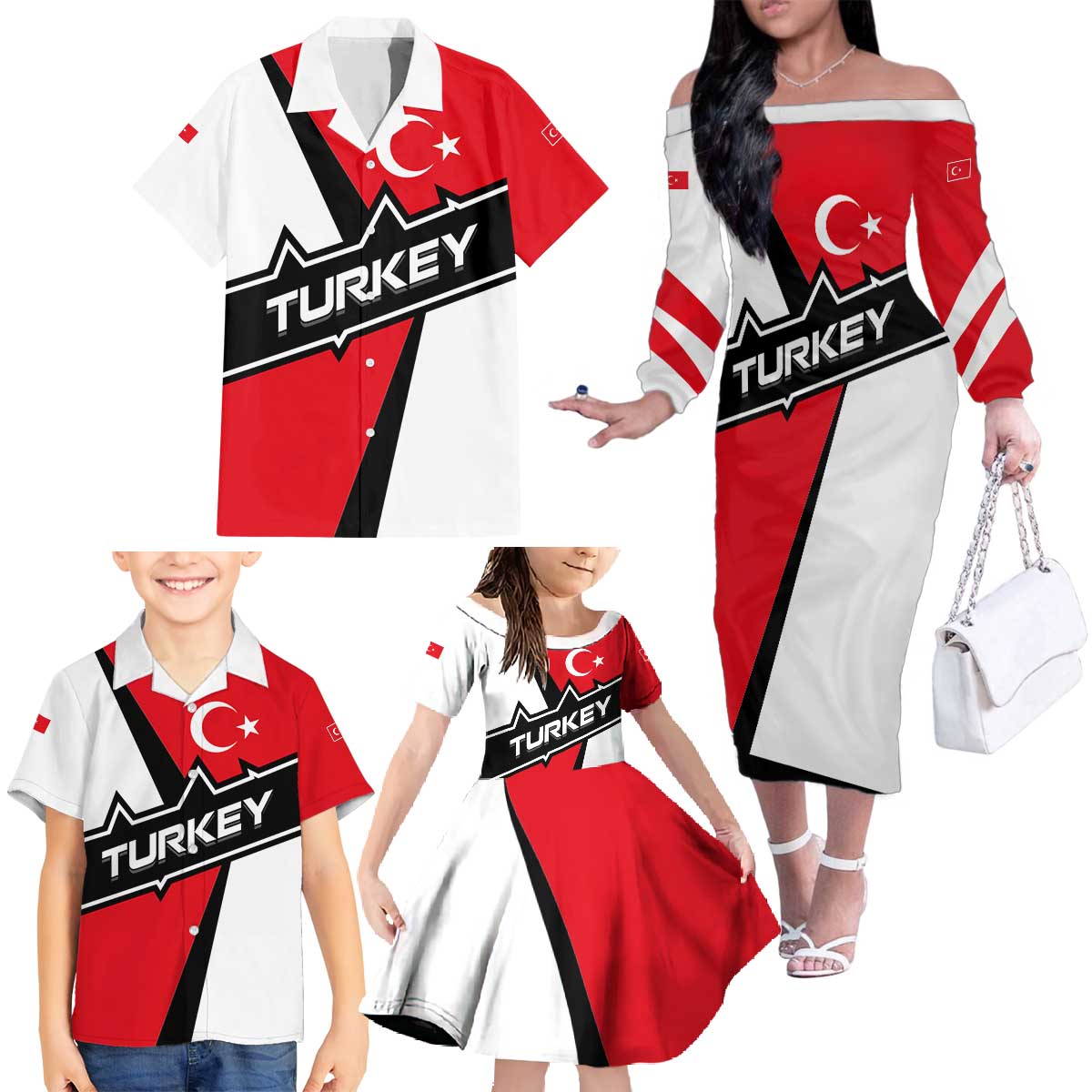 Turkey Flag and Modern Graphic Design Family Matching Off The Shoulder Long Sleeve Dress and Hawaiian Shirt with Bold Red and Black Elements