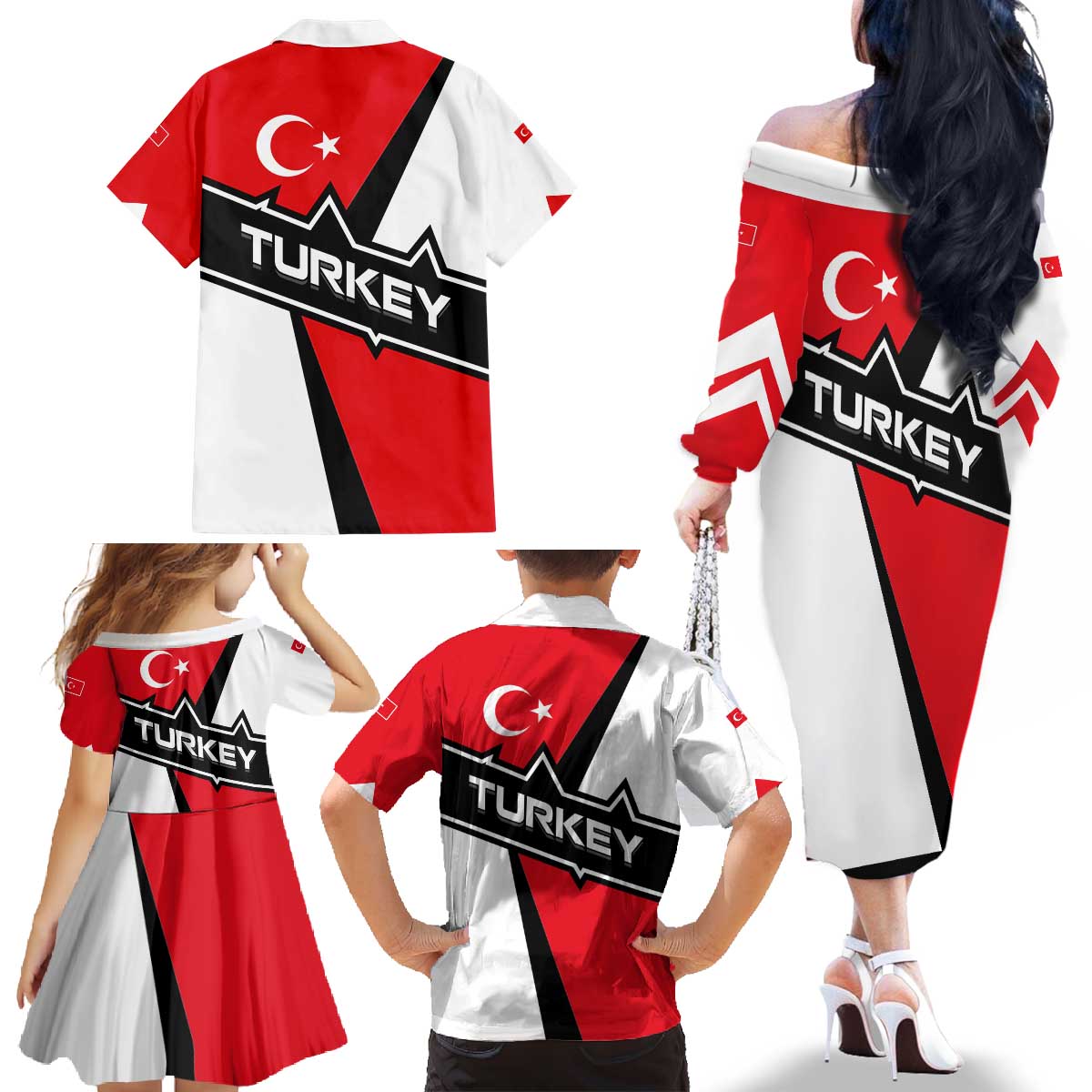 Turkey Flag and Modern Graphic Design Family Matching Off The Shoulder Long Sleeve Dress and Hawaiian Shirt with Bold Red and Black Elements