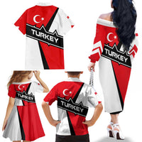 Turkey Flag and Modern Graphic Design Family Matching Off The Shoulder Long Sleeve Dress and Hawaiian Shirt with Bold Red and Black Elements
