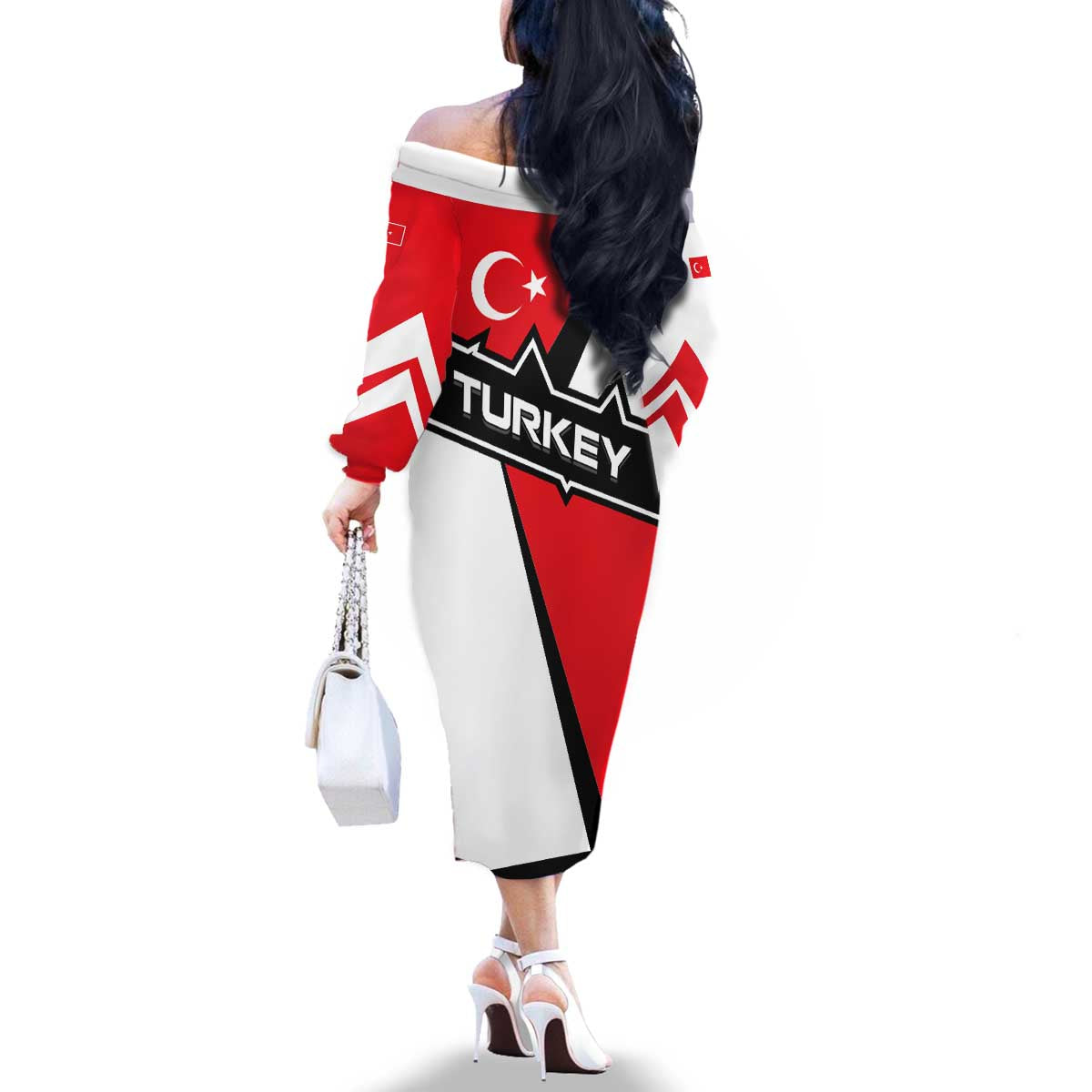 Turkey Flag and Modern Graphic Design Family Matching Off The Shoulder Long Sleeve Dress and Hawaiian Shirt with Bold Red and Black Elements
