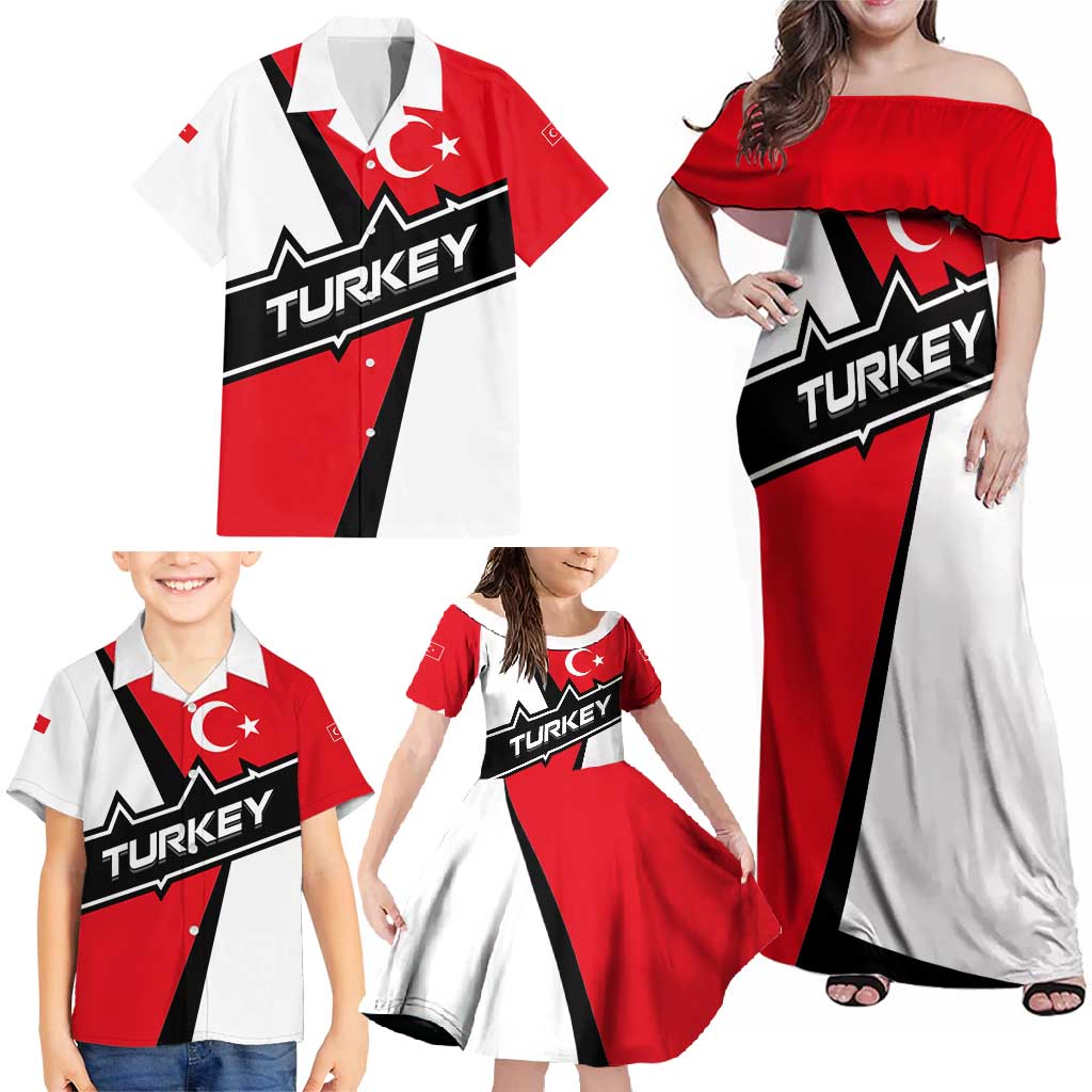 Turkey Flag and Modern Graphic Design Family Matching Off Shoulder Maxi Dress and Hawaiian Shirt with Bold Red and Black Elements