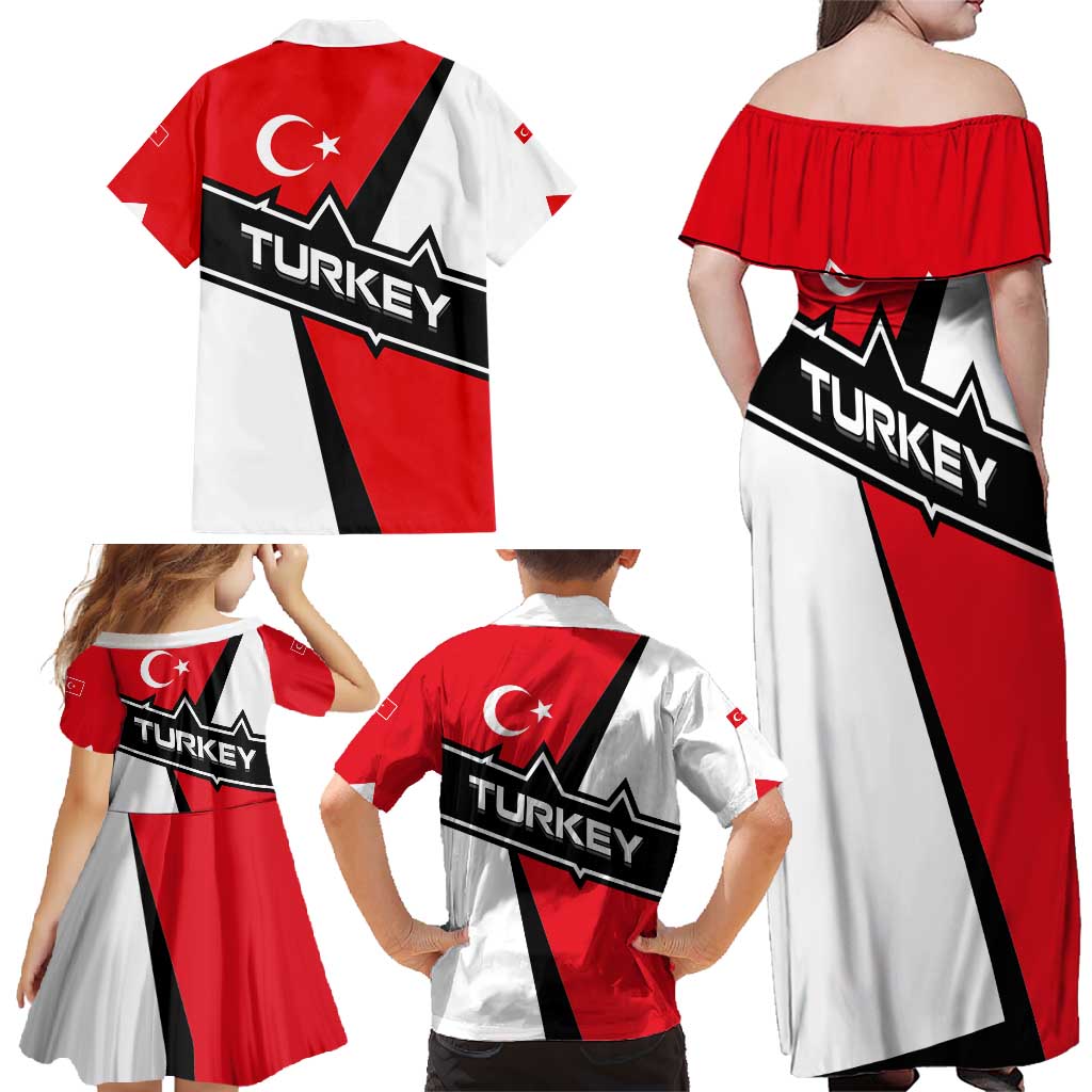 Turkey Flag and Modern Graphic Design Family Matching Off Shoulder Maxi Dress and Hawaiian Shirt with Bold Red and Black Elements