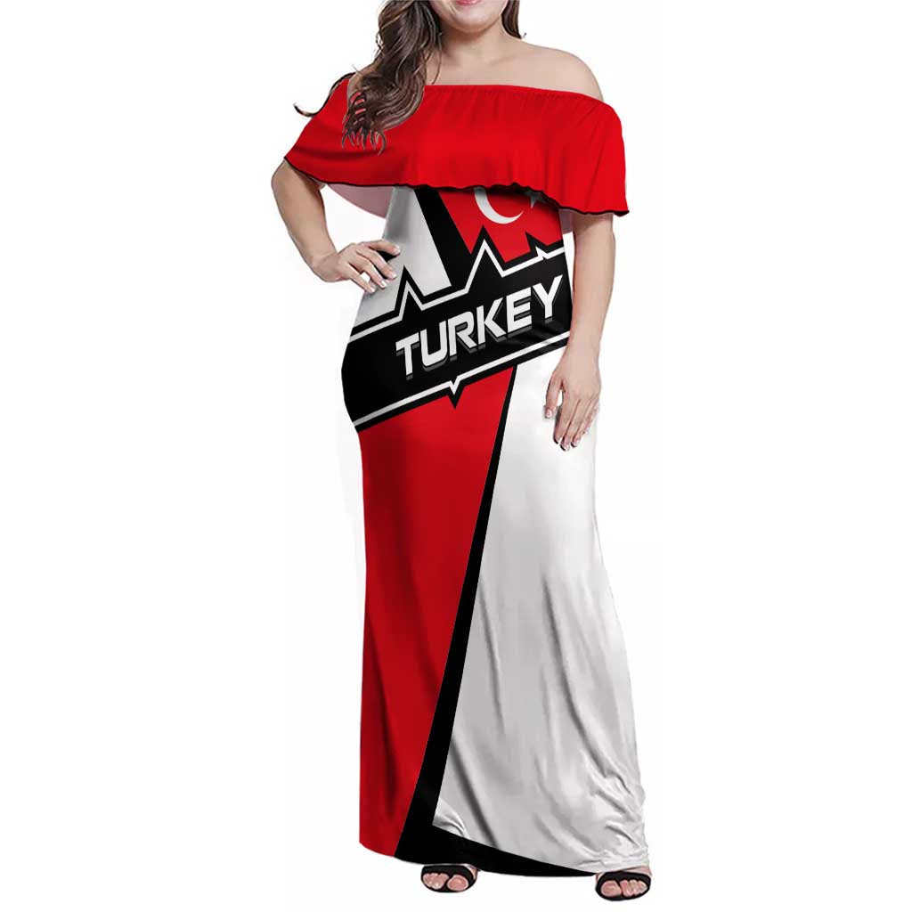 Turkey Flag and Modern Graphic Design Family Matching Off Shoulder Maxi Dress and Hawaiian Shirt with Bold Red and Black Elements