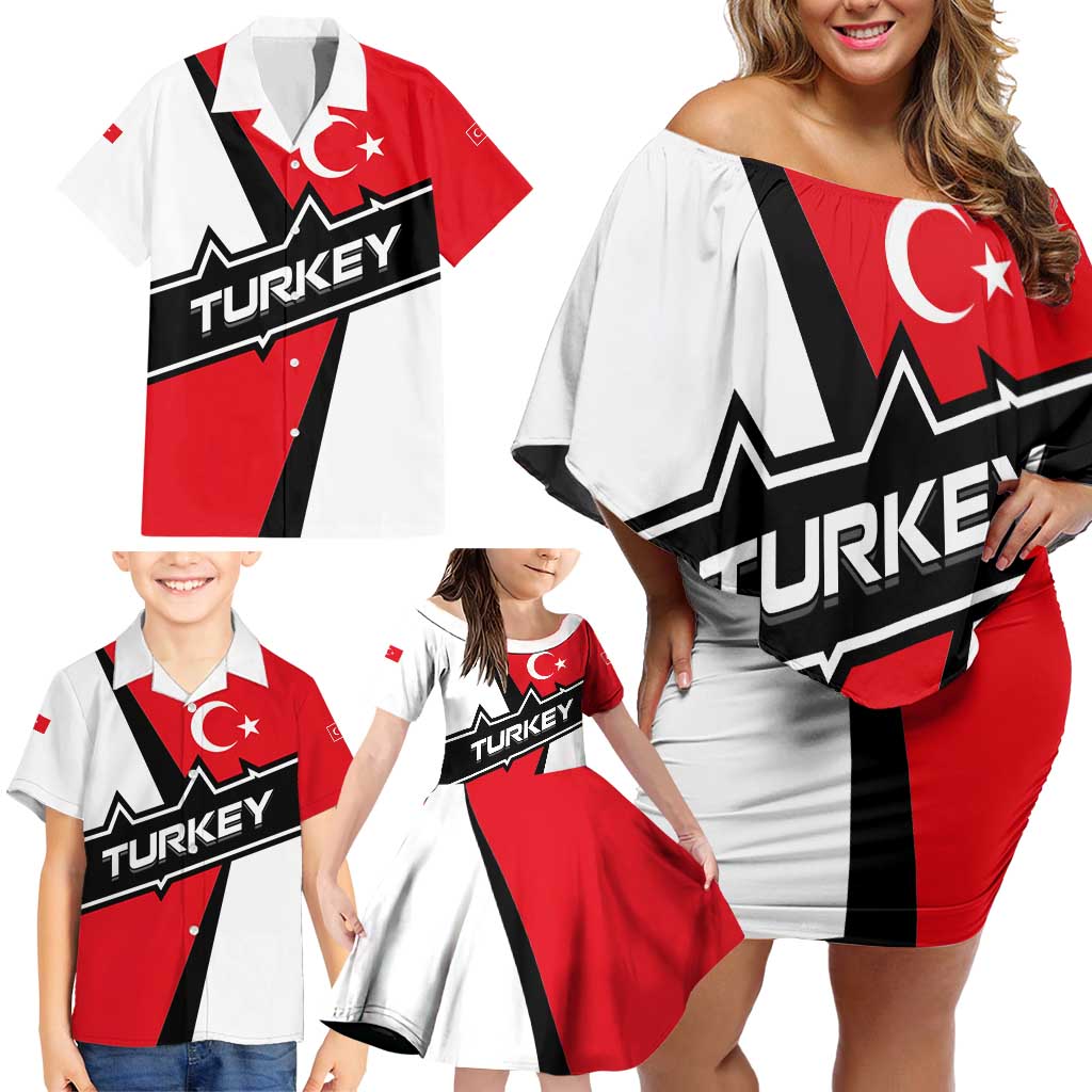 Turkey Flag and Modern Graphic Design Family Matching Off Shoulder Short Dress and Hawaiian Shirt with Bold Red and Black Elements