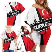 Turkey Flag and Modern Graphic Design Family Matching Off Shoulder Short Dress and Hawaiian Shirt with Bold Red and Black Elements