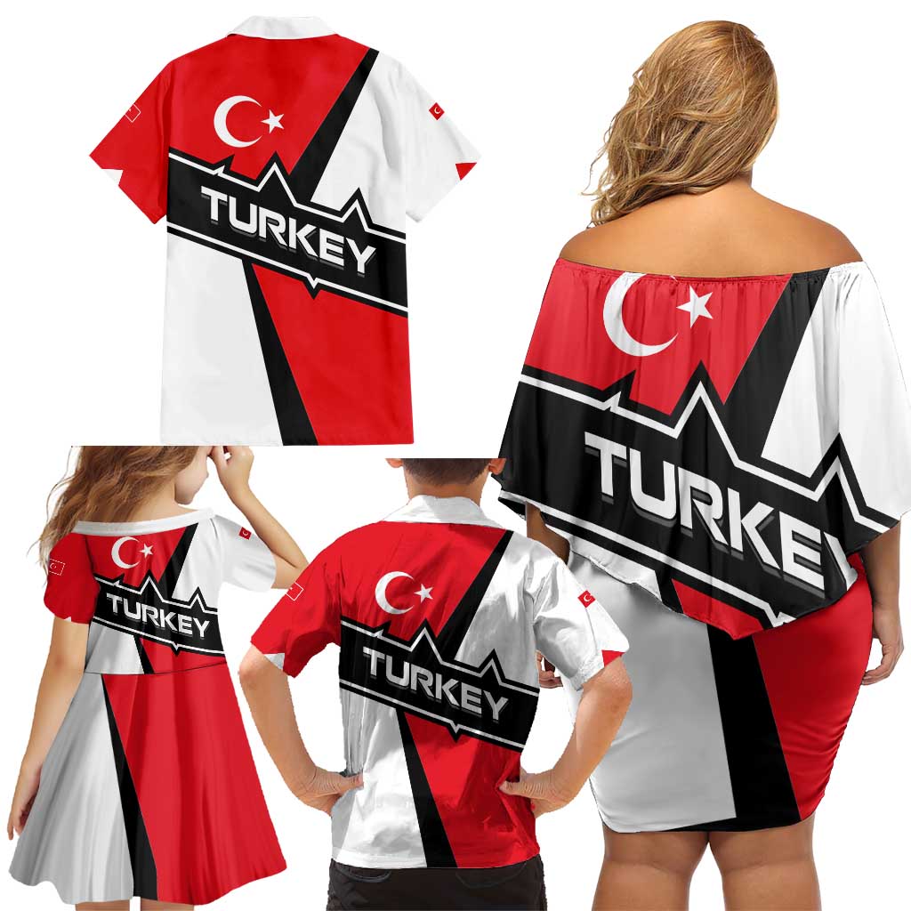 Turkey Flag and Modern Graphic Design Family Matching Off Shoulder Short Dress and Hawaiian Shirt with Bold Red and Black Elements
