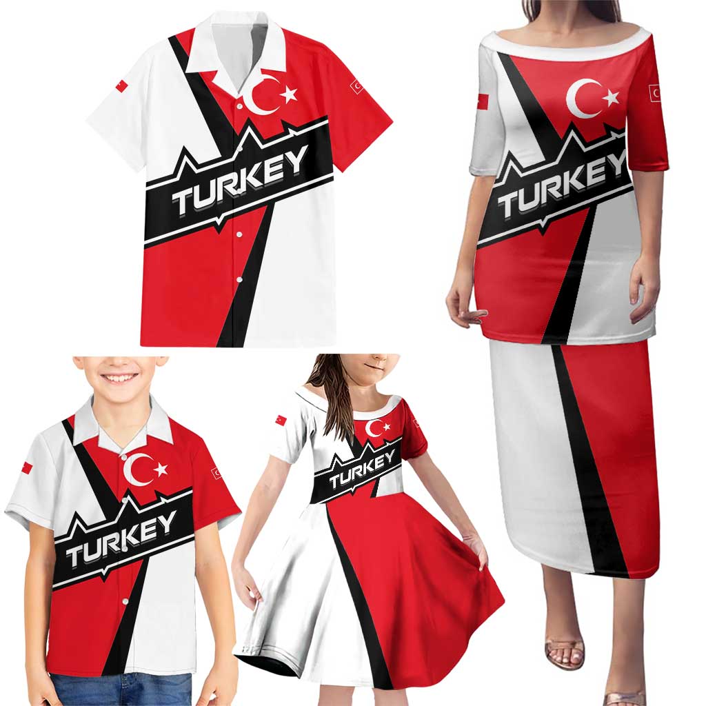 Turkey Flag and Modern Graphic Design Family Matching Puletasi and Hawaiian Shirt with Bold Red and Black Elements
