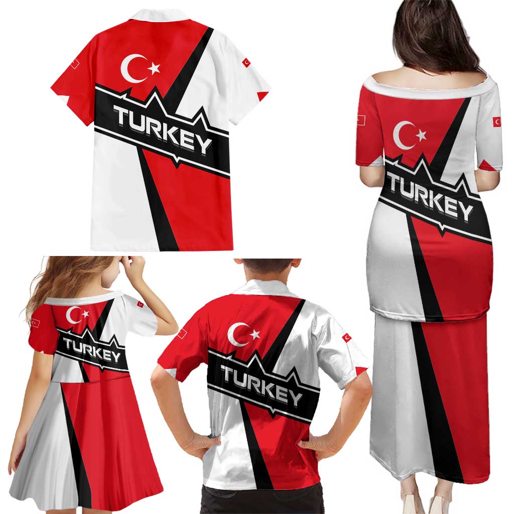 Turkey Flag and Modern Graphic Design Family Matching Puletasi and Hawaiian Shirt with Bold Red and Black Elements