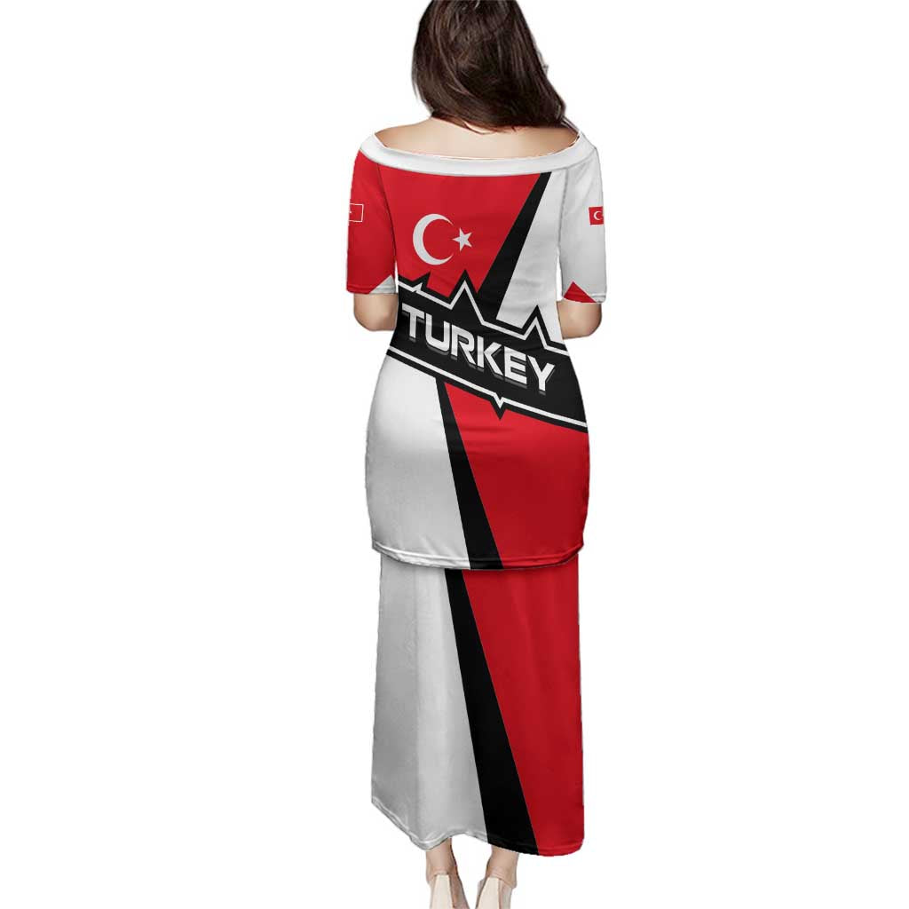 Turkey Flag and Modern Graphic Design Family Matching Puletasi and Hawaiian Shirt with Bold Red and Black Elements