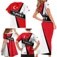 Turkey Flag and Modern Graphic Design Family Matching Short Sleeve Bodycon Dress and Hawaiian Shirt with Bold Red and Black Elements