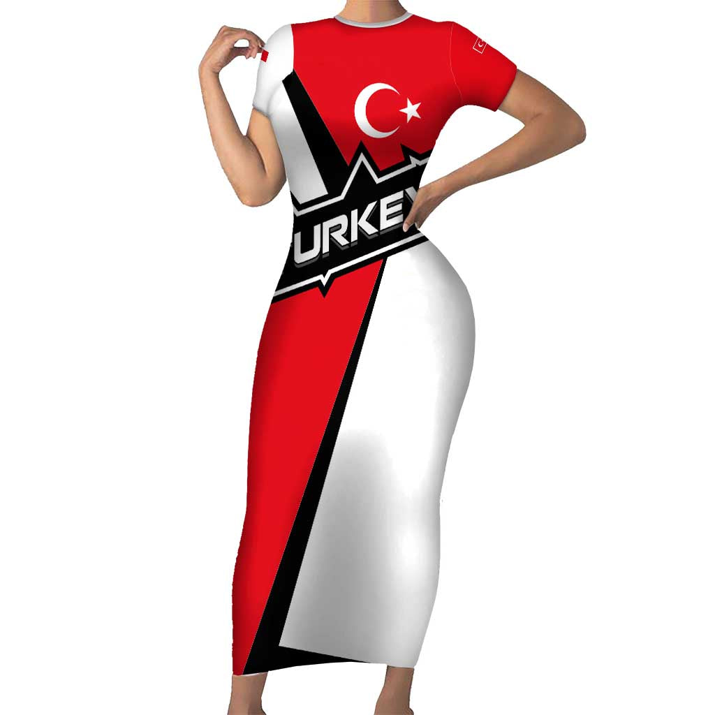 Turkey Flag and Modern Graphic Design Family Matching Short Sleeve Bodycon Dress and Hawaiian Shirt with Bold Red and Black Elements