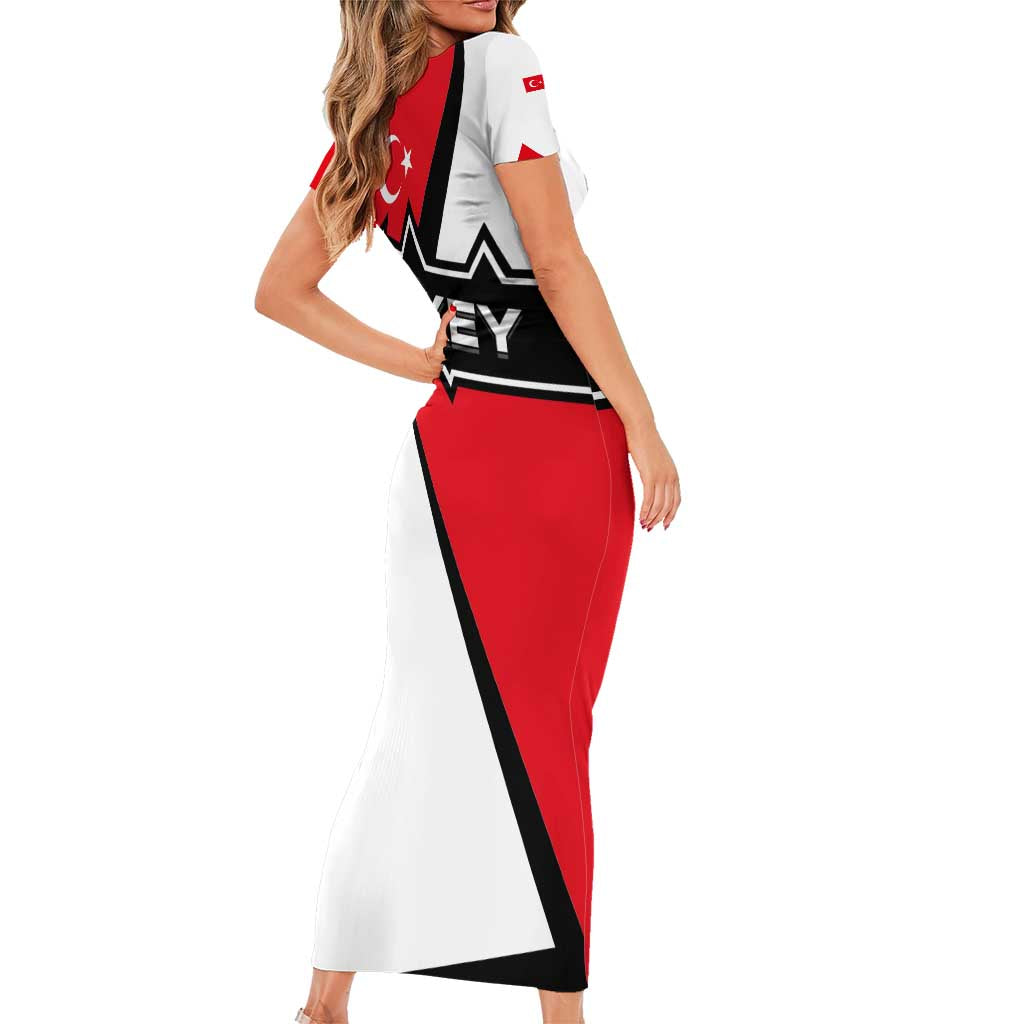 Turkey Flag and Modern Graphic Design Family Matching Short Sleeve Bodycon Dress and Hawaiian Shirt with Bold Red and Black Elements
