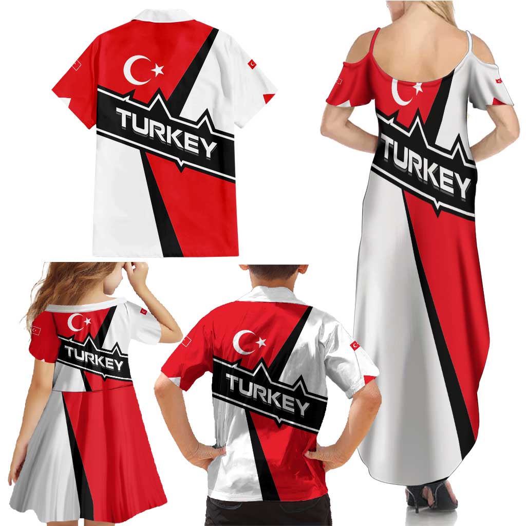Turkey Flag and Modern Graphic Design Family Matching Summer Maxi Dress and Hawaiian Shirt with Bold Red and Black Elements