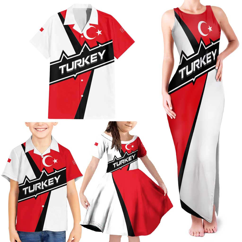 Turkey Flag and Modern Graphic Design Family Matching Tank Maxi Dress and Hawaiian Shirt with Bold Red and Black Elements