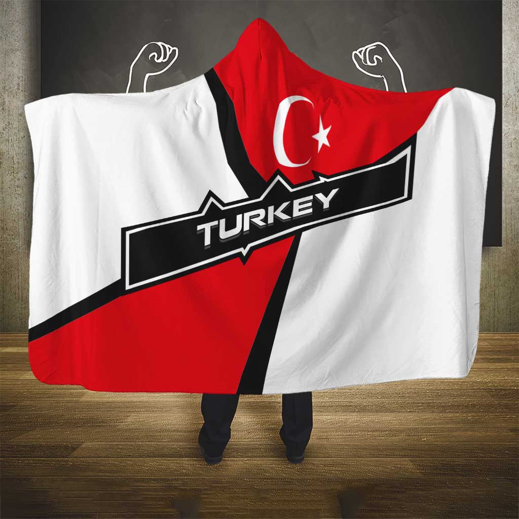 Turkey Flag and Modern Graphic Design Hooded Blanket with Bold Red and Black Elements