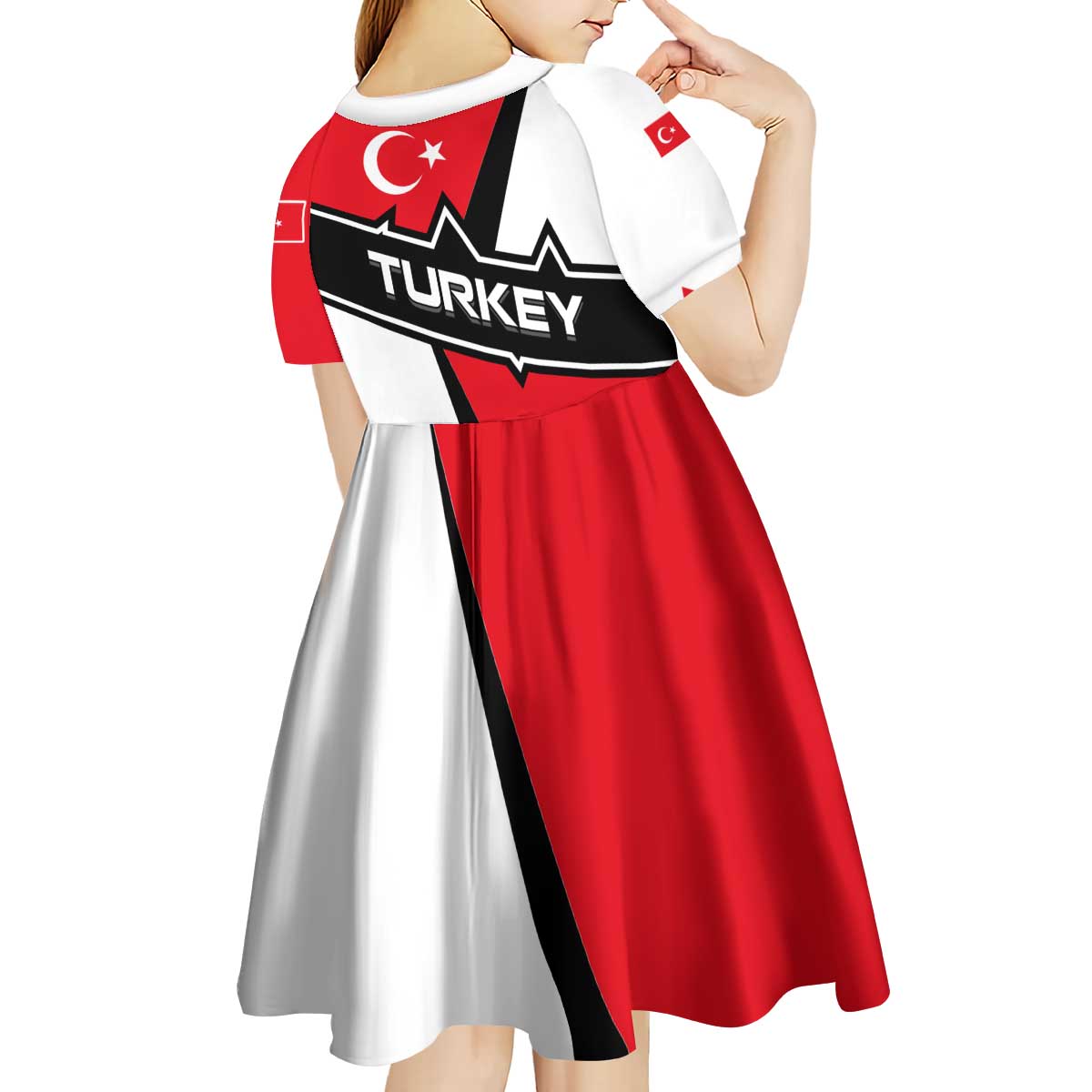 Turkey Flag and Modern Graphic Design Kid Short Sleeve Dress with Bold Red and Black Elements