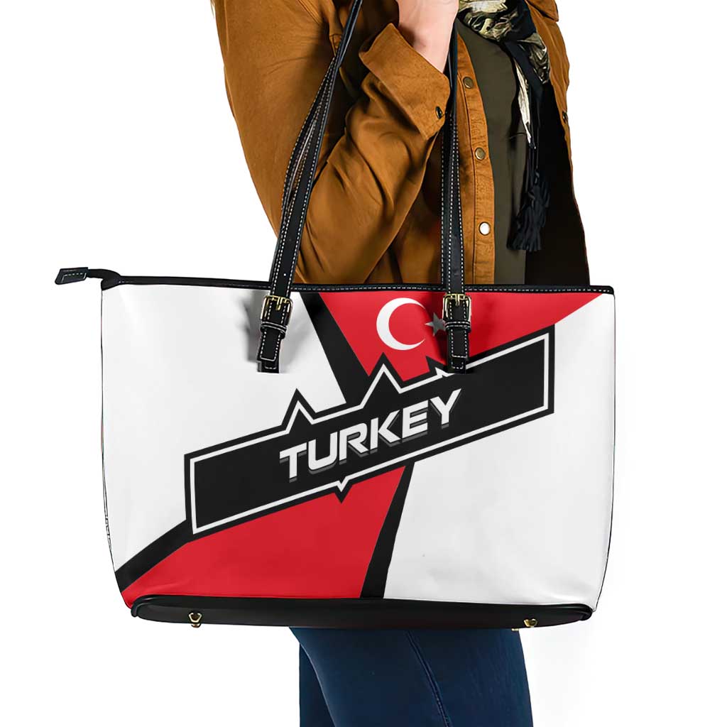 Turkey Flag and Modern Graphic Design Leather Tote Bag with Bold Red and Black Elements