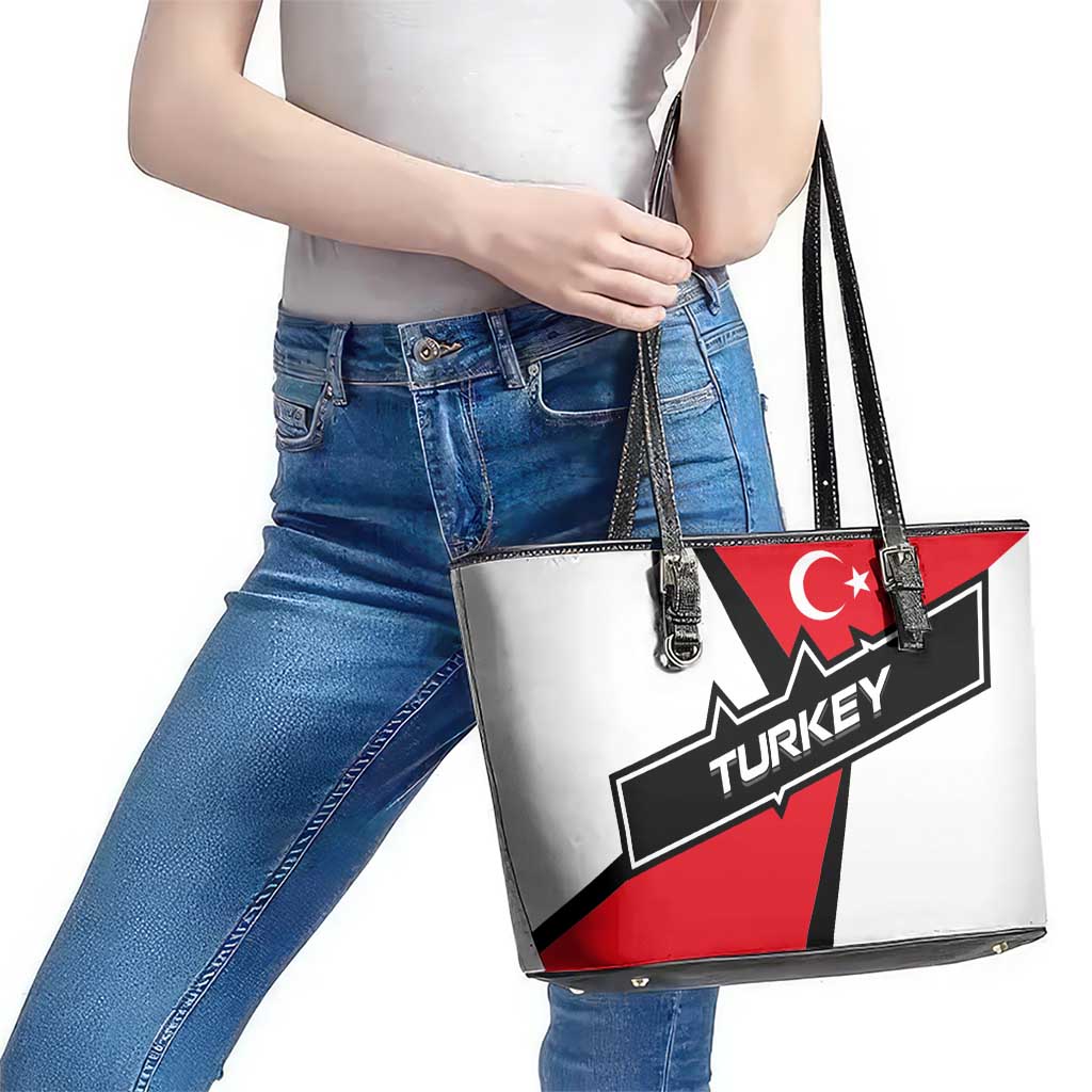 Turkey Flag and Modern Graphic Design Leather Tote Bag with Bold Red and Black Elements