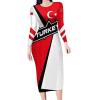 Turkey Flag and Modern Graphic Design Long Sleeve Bodycon Dress with Bold Red and Black Elements