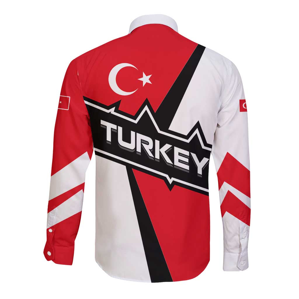 Turkey Flag and Modern Graphic Design Long Sleeve Button Shirt with Bold Red and Black Elements