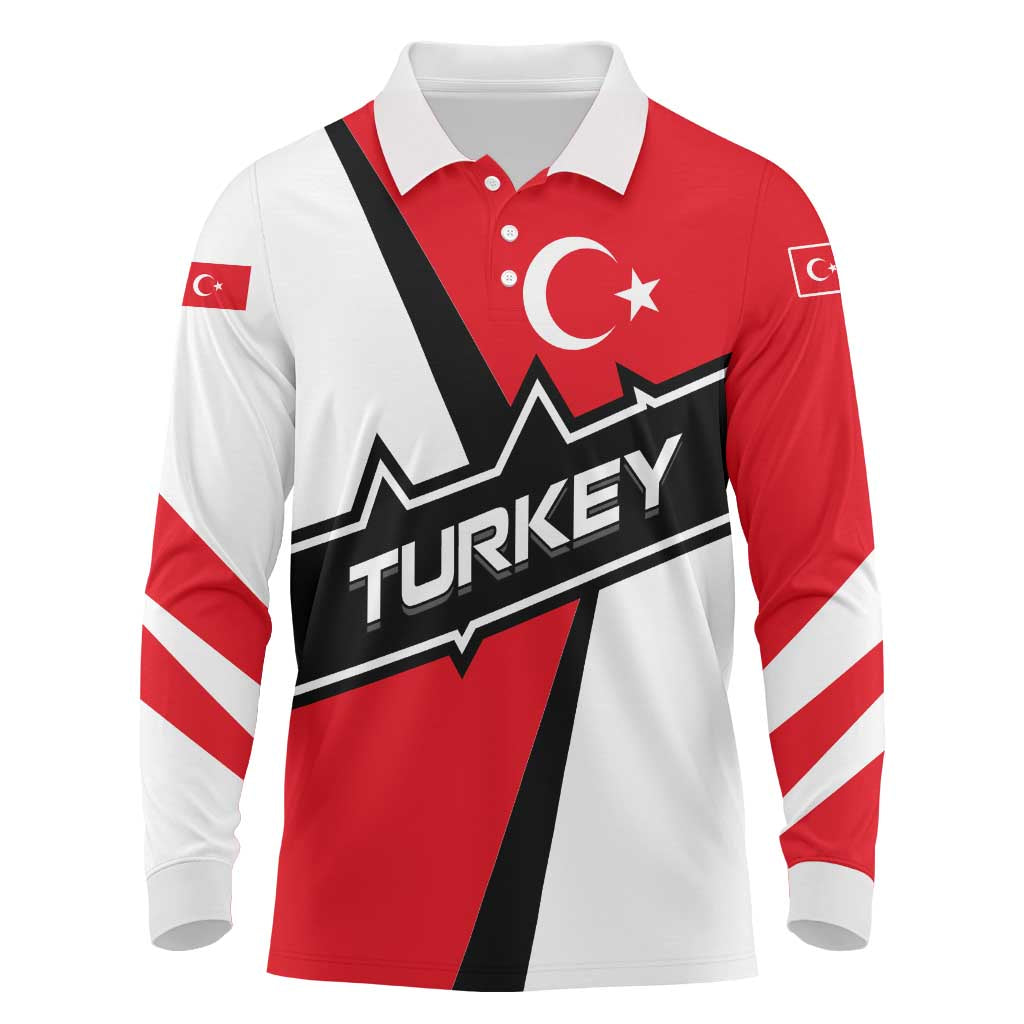 Turkey Flag and Modern Graphic Design Long Sleeve Polo Shirt with Bold Red and Black Elements
