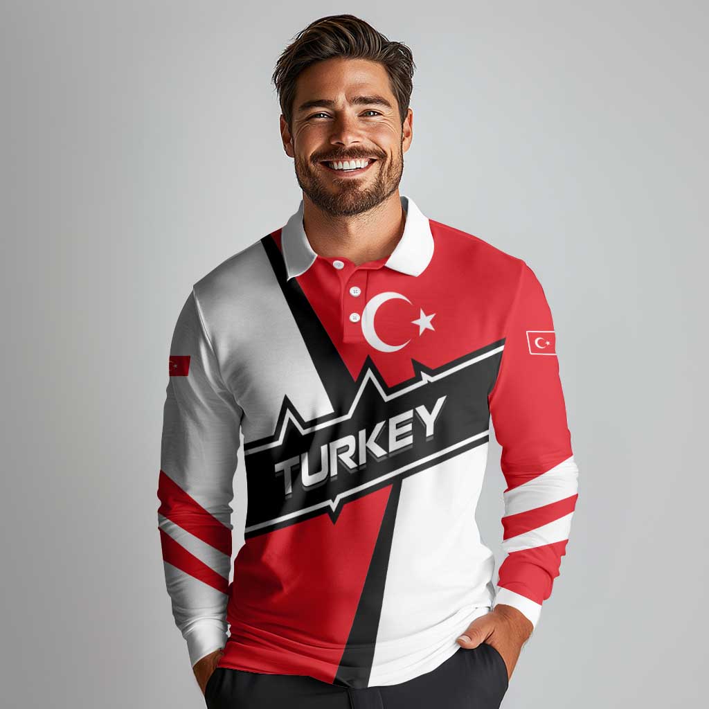 Turkey Flag and Modern Graphic Design Long Sleeve Polo Shirt with Bold Red and Black Elements