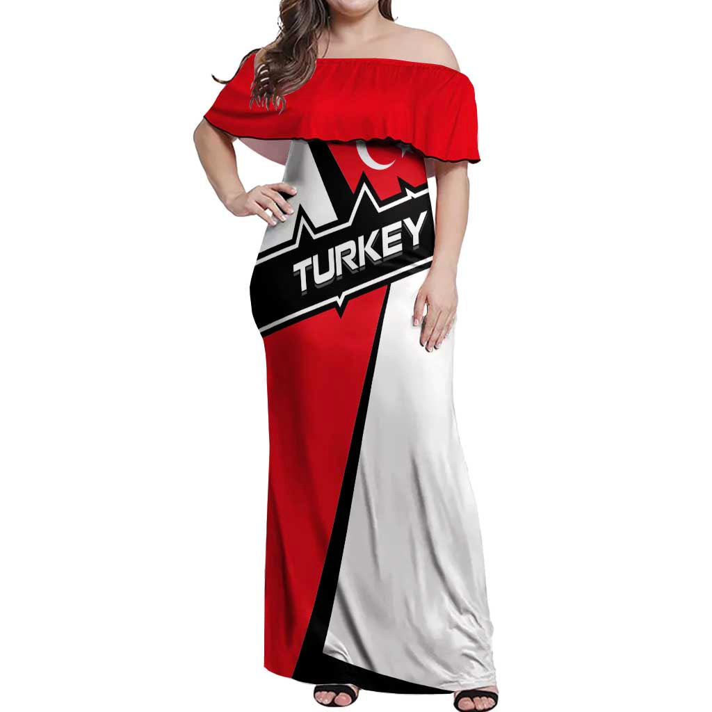 Turkey Flag and Modern Graphic Design Off Shoulder Maxi Dress with Bold Red and Black Elements