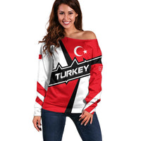 Turkey Flag and Modern Graphic Design Off Shoulder Sweater with Bold Red and Black Elements