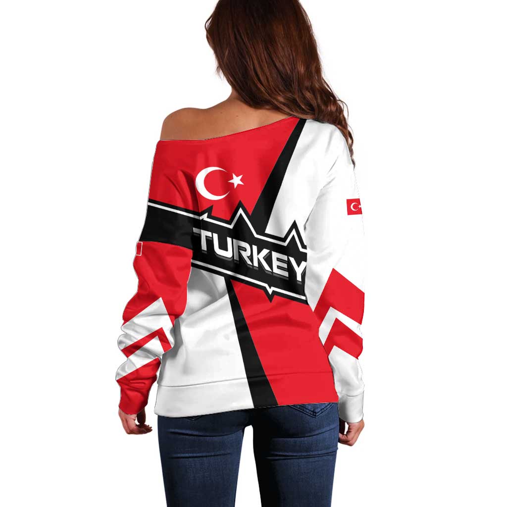 Turkey Flag and Modern Graphic Design Off Shoulder Sweater with Bold Red and Black Elements