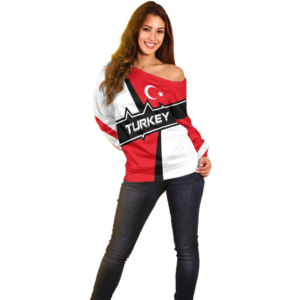 Turkey Flag and Modern Graphic Design Off Shoulder Sweater with Bold Red and Black Elements