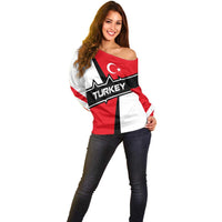 Turkey Flag and Modern Graphic Design Off Shoulder Sweater with Bold Red and Black Elements