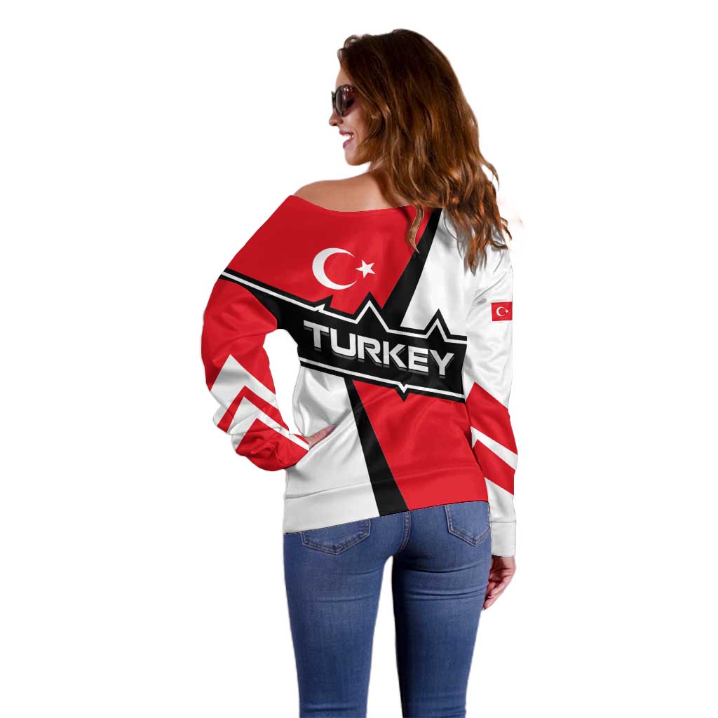 Turkey Flag and Modern Graphic Design Off Shoulder Sweater with Bold Red and Black Elements
