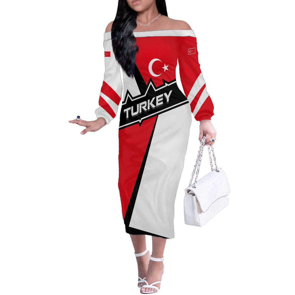 Turkey Flag and Modern Graphic Design Off The Shoulder Long Sleeve Dress with Bold Red and Black Elements