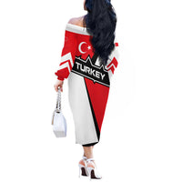 Turkey Flag and Modern Graphic Design Off The Shoulder Long Sleeve Dress with Bold Red and Black Elements
