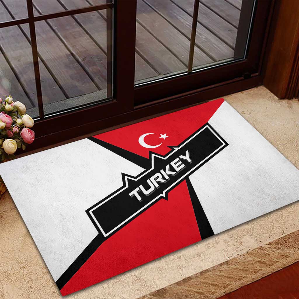 Turkey Flag and Modern Graphic Design Rubber Doormat with Bold Red and Black Elements
