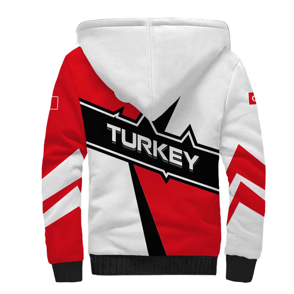 Turkey Flag and Modern Graphic Design Sherpa Hoodie with Bold Red and Black Elements