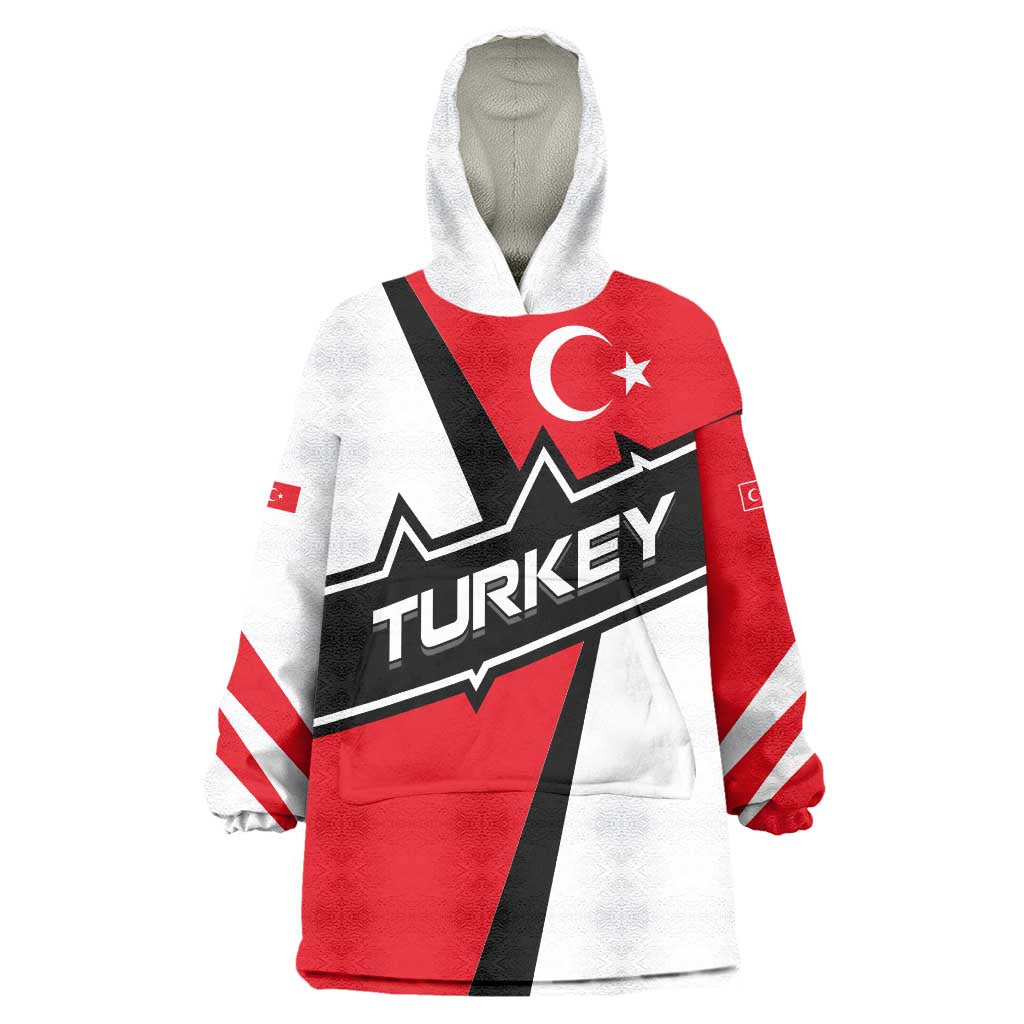 Turkey Flag and Modern Graphic Design Wearable Blanket Hoodie with Bold Red and Black Elements